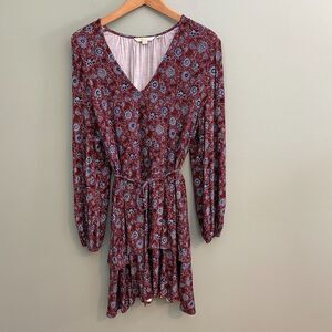Boden Long Sleeve Knee Length Dress Tiered Tied Floral Burgundy Womens Petite 12